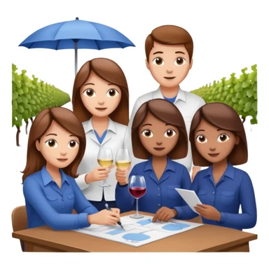 Make a photo of 5 project managers, specifically 3 girls with brown hair and 2 boys, that are making project for improvement of the winery sticker