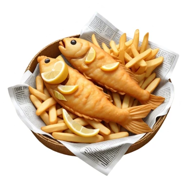 Cinematic Realistic Fish and Chips Dish Emoji, depicted with crispy golden battered fish and chunky hand‚Äêcut chips served in traditional newspaper wrapping, rendered with mouth‚Äêwatering texture and warm natural lighting that captures its quintessential British charm. sticker