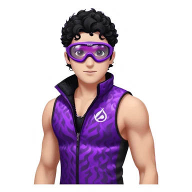 male athlete with white skin and moderately curly black hair on top with shaved sides, wearing ski goggles with purple frames and very dark black lenses, a simple plain black chain necklace, and a completely unzipped sleeveless vest with purple and black sequin fire pattern design, fully revealing his chest, shoulders and arms, no earrings sticker