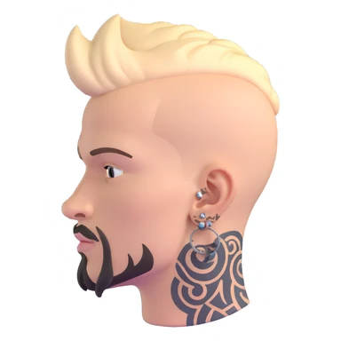 head of a white man with a goatee, mohawk, earring, and head tattoo sticker