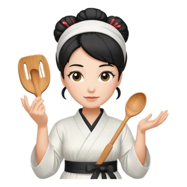 middle age mom with black bun wearing white home kimono and white apron sticker