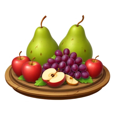 medieval fruit platter object icon, grapes apples pears, rustic plate, small honey drizzle, cozy medieval vibe, 3D cartoon, mobile game icon style, clean background, no text, no watermark
 sticker