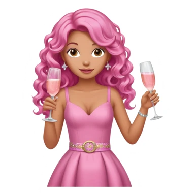 One lady with long pink curled hair and tan skin wearing a pink dress with sparkly belt holding a glass of pink champagne in each hand sticker