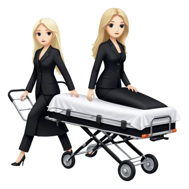 Two woman with long hair. One is brunette and one is blond. They have black pants suits on. And they are pushing a funeral stretcher in to a black Mercedes Vito funeral car. On the stretcher is a body covered in white sheets  sticker
