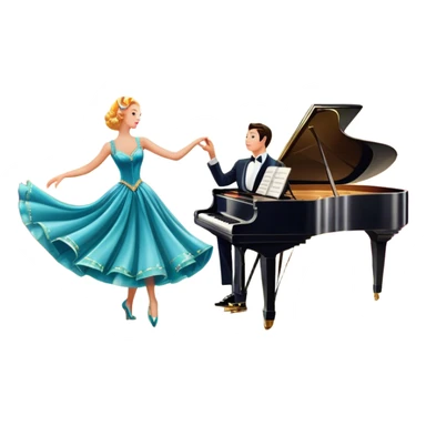 A vintage movie poster-style design featuring musical notes, a shining spotlight, and performers in glamorous costumes. Include elements like a dancing couple, a grand piano, and colorful stage lights. Retro cinematic flair with a lively and joyful atmosphere. Transparent background. sticker