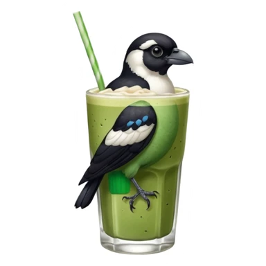 It’s an Australien Magpie sitting on an iced matcha latte on the edge of the glass. It has green matcha on its beak indicating it drank. The iced matxha latte is in a see through glass and white from the oat milk on the bottom and green on top…and there is a straw in the drink and ice cubes sticker