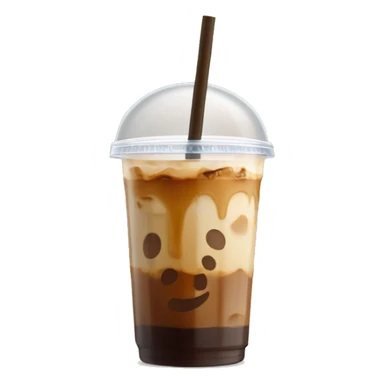 Caramel iced coffee in a clear cup with straw and bamboo lid  sticker