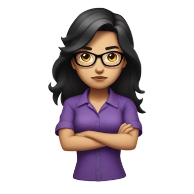 Angry scowling girl, purple shirt, long black hair, wearing glasses, with arms crossed over chest. sticker