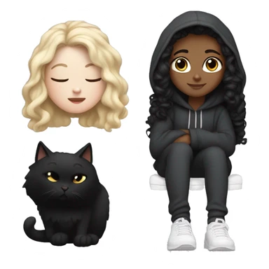 White girl with long curly black hair in a hoodie and sweatpants sitting next to a black cat  sticker