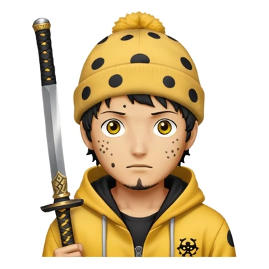 Trafalgar Law with spotted hat, yellow hoodie, nodachi sword sticker