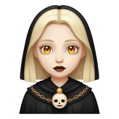 Stylized cult cartoon girl emoji, eerie-cute aesthetic, symmetrical design, subtle spooky vibe, glowing eyes, chanting “AMILK”, bold graphic icon sticker