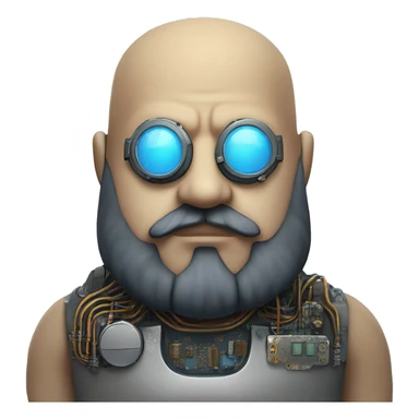 Bearded Fat bald cyborg head with tan skin, blue steampunk goggles and circuits sticker