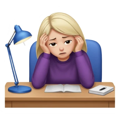 A woman wearing a jumper experiencing burnout, exhausted and overwhelmed, tired eyes, slumped posture, sitting at a desk, iOS emoji style sticker