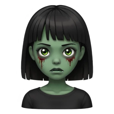 Zombie girl emoji verde escuro com cabelo curto liso preto no ombro e franja na altura da sobrancelha cobrindo completamente a testa, usando uma blusa preta, com olhos pretos  sticker