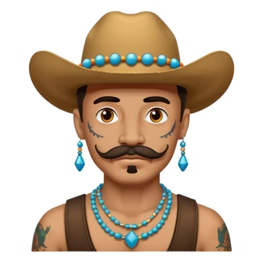 mustached cowboys with tattoos on face and bead sticker