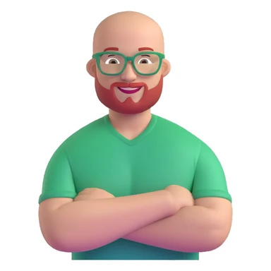 muscular bald man with red goatee and glasses, smiling, wearing a green shirt sticker