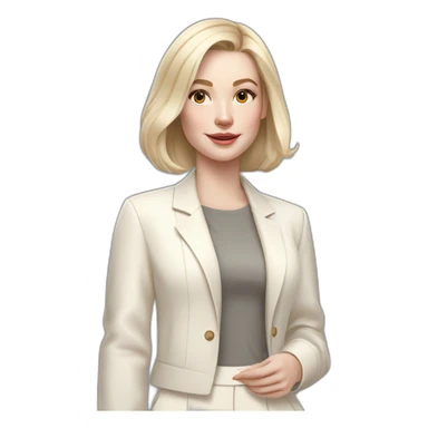 pale skin woman with ash blonde Straightened bob Hair, White Spacious classical jacket, beige palazzo Arrow pants and gray blouse holding white IPhone 14 pro in the hands sticker