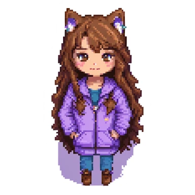 girl with long wavy brown hair and brown eyes wearing purple clothes with a three-color cat pixel art sticker