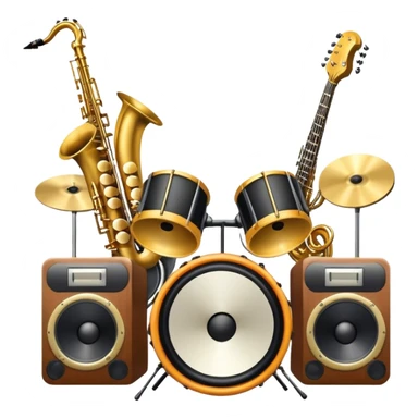 Icon for R&B Music Listening: large concert speakers and headphones with waves of musical notes coming out, along with drums, bass guitar and saxophone. The icon should convey the energetic and rhythmic vibe of R&B music. Transparent background sticker