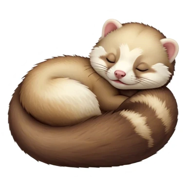 Meme-Worthy Cute Sleeping Ferret Portrait Emoji, Head resting peacefully with a contented smile, showcasing a long, flexible body curled up in cozy repose, luxuriously soft fur in warm brown and cream, and eyes gently closed in serene slumber, Simplified yet hilariously adorable features, highly detailed, glowing with a soft, drowsy natural light, high shine, relaxed and utterly lovable, stylized with an air of playful laziness, bright and heartwarming, soft glowing outline, capturing the essence of a sleeping ferret that feels destined to become the next viral sensation of adorable rest! sticker
