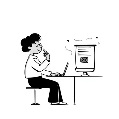 Person with calm expression, breathing deeply, finger hovering over keyboard, email draft visible sticker