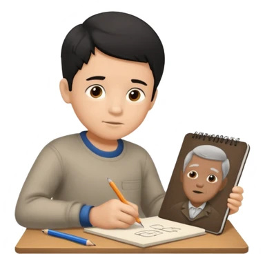 boy ,drawing pic of grandpa on the notebook, charcoal sticker