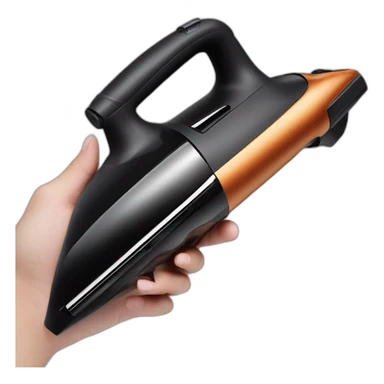 black high quality luxury expensive handheld mini vacuum cleaner shaped like a gun in an L shape that has a narrow pointed end sticker