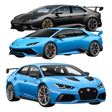 three cars lineup fromt profile forming a semi circle with a lamboghini svj an bmw m140i and a audi rs6 sticker