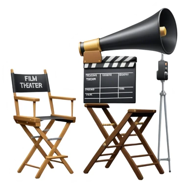 Icon for Directing: a director's chair, a film slate, a megaphone, and a stage set with lights. The icon should represent the creative and leadership aspects of directing, with focus on film and theater production. Transparent background. sticker