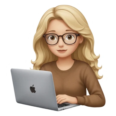 blonde girl with long dark blonde wavy hair, pantos-style glasses, a brown sweater, sitting with a laptop, soft pastel, upper body shot sticker