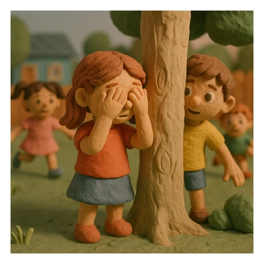 Children playing hide and seek in a yard, claymation style, pastel colors, visible fingerprints, matte plasticine texture. sticker
