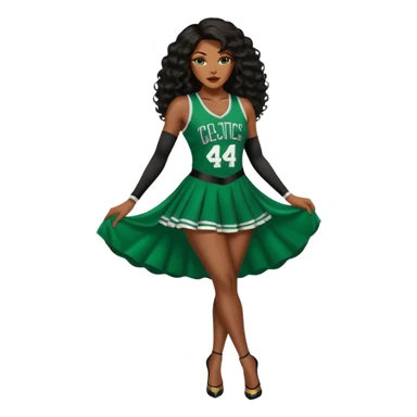 A 47-year-old dark ebony black woman with brown eyes, long body wave black brown baylaige hair dressed in sexy 
celtics jersey costume outfit and stilettos  sticker