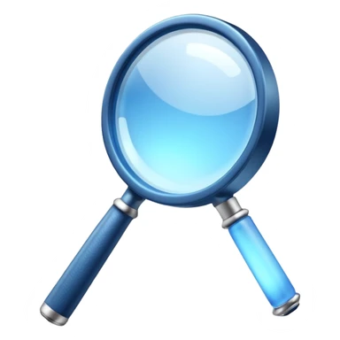 A 3D rendered magnifying glass, tilted right, frosted glass lens, glowing blue light, subtle shadows, purple background, high detail, cinematic lighting, app icon style sticker