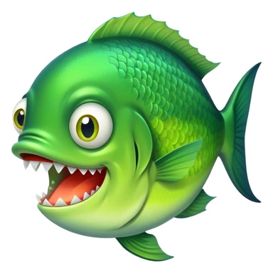 super derpy bright green fish shown from side profile facing right, but with both bulging eyes comically looking at viewer, buck teeth, drooling mouth, flat 2D side view only sticker