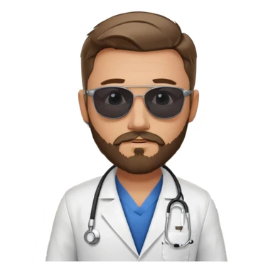 White tesla model 3 and one cool physician with dark blond hair, beard, stetoscope and dark sunglasses next to it sticker