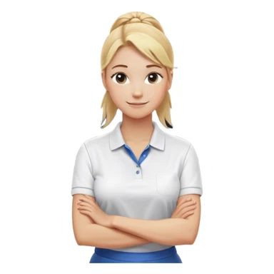 A friendly and professional laundry worker with blonde hair tied back in a casual ponytail. She wears a clean white polo shirt and stands confidently with her arms crossed in front of an industrial washing machine. Her warm smile conveys a welcoming and approachable demeanor. sticker