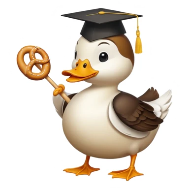 duck wearing bread shaped like a graduation cap and holding a pretzel sticker