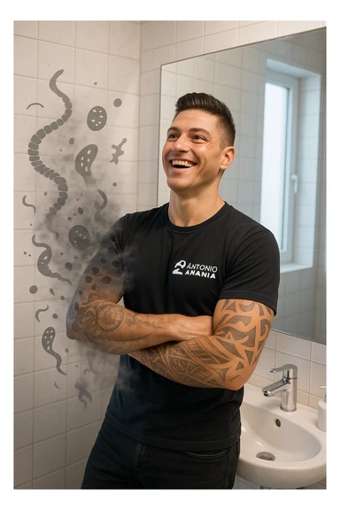 a man stands in a brightly lit bathroom, looking relieved and revitalized as he examines his reflection in the mirror. In the foreground, stylized, shadowy images of parasites (such as worms or protozoa) are shown leaving his body, dissolving into mist or fading away. His posture is upright and his expression is one of newfound energy and health. sticker