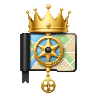 map pin with film reel and crown, elegant and shiny, premium video location, apple style emoji sticker