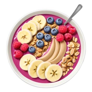 smoothie bowl with bananas, raspberries, blueberries, granola and peanut butter sticker