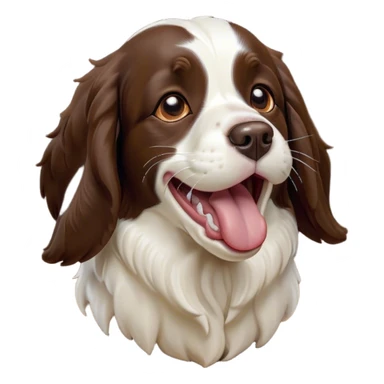 Cinematic Cute Yawning Springer Spaniel Portrait Emoji, Head tilted slightly with a dramatic, wide-open yawn, showcasing a smooth Fur of liver and white with crisp markings, floppy ears slightly drooping, round brown eyes barely open in drowsy contentment, Simplified yet irresistibly adorable features, highly detailed, glowing with a soft, cozy glow, high shine, relaxed yet expressive, stylized with a touch of whimsy, bright and endearing, soft glowing outline, capturing the essence of a sleepy yet affectionate companion, so drowsy it feels like it could stretch right out of the screen and curl up for a nap! sticker