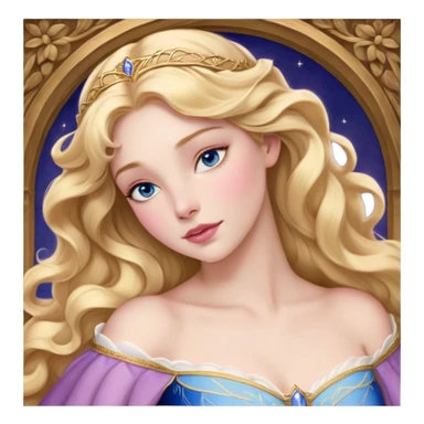 Cinematic Realistic Sleeping Beauty (Aurora) Portrait, with porcelain-like skin featuring a natural rosy flush, illuminated by soft lighting that highlights the gentle contours of her face. Her golden blonde hair flows in soft, detailed waves with subtle highlights that shimmer in the light. Her deep violet-blue eyes radiate warmth and innocence, framed by arched brows and long lashes. With a soft, serene smile, she holds a delicate rose gently in one hand, her other hand resting lightly by her side. She is dressed in her classic pink gown, the fabric rich in texture with delicate folds that catch the light. A golden crown rests atop her head, gleaming with royal refinement. The portrait captures a soft, glowing aura, blending realism with an ethereal sense of beauty and timeless enchantment. sticker