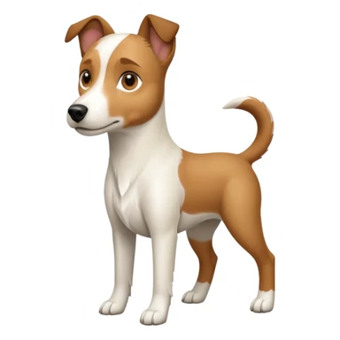a full body white parson russell looking dog the size of a kelpie with light brown ears and a light brown patch on one eye and a large snout sticker