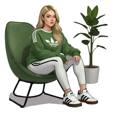 Girl long bright blonde highlighted hair middle part with rosy cheeks and plump mauve lips green eyes and wearing a white sweatshirt and black leggings with black and white adidas OG Samba sneakers sitting in a cozy chair posing with legs over the side of chair  sticker