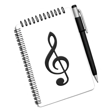 Minimalistic flat vector icon, iOS style, thin black contour on white background. Small notebook with a musical note on the cover, a pen placed next to it. Clean, modern, no text, no shadows. sticker