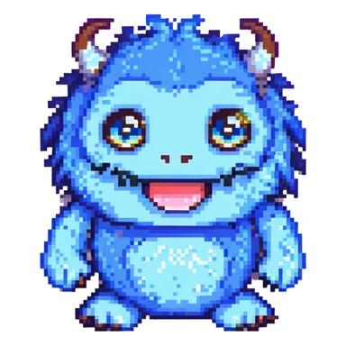 Huggy Wuggy character, blue furry monster with big eyes and wide smile, simple and cute, pixel art style sticker