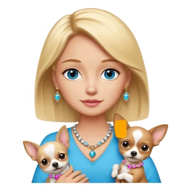 Make an emoji with blonde hair and medium tone, skin with bright blue eyes, gold, and pink jewelry on her wrist and necklace with an a on it, holding a dog that is a Chihuahua with big ears that is black and white and brown ￼￼ sticker
