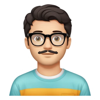 young adult man with light skin, short beard, dark wavy hair, relaxed expression, very wide rectangular glasses with thick black acetate frame and thick double bridge, retro oversized style, colorful open shirt and white t-shirt sticker