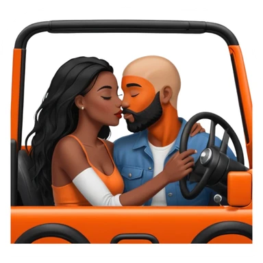 intimate moment between lovers, JetSetFly, photo Realistic Couple, black women with long black balayage hair & kissing bald white muscular man with orange face hair and beard in a red Jeep Wrangler  sticker