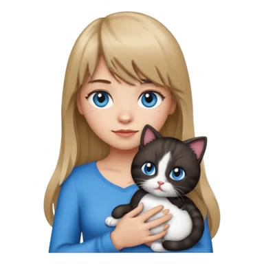 Apple-style emoji sticker of a young woman with long dark blond hair and bangs, blue eyes , holding a spotting black-and-white kitty on her chest.  sticker